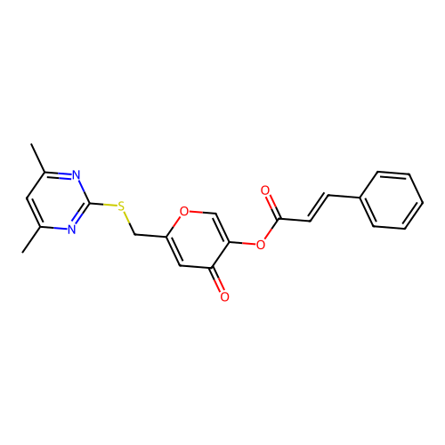6-(((4,6-dimethylpyrimidin-2-yl)thio)methyl)-4-oxo-4H-pyran-3-yl cinnamate structure