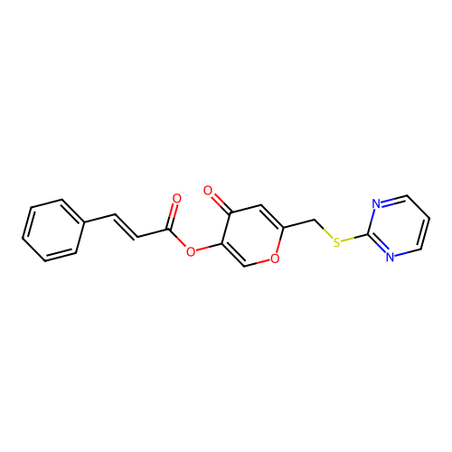 4-oxo-6-((pyrimidin-2-ylthio)methyl)-4H-pyran-3-yl cinnamate structure