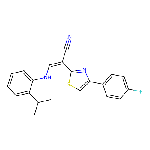 (Z)-2-(4-(4-fluorophenyl)thiazol-2-yl)-3-((2-isopropylphenyl)amino)acrylonitrile structure