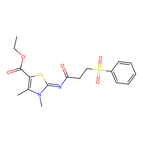 ethyl 2-[3-(benzenesulfonyl)propanoylimino]-3,4-dimethyl-1,3-thiazole-5-carboxylate structure