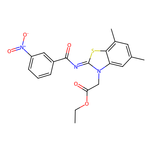 Ethyl 2-[5,7-dimethyl-2-(3-nitrobenzoyl)imino-1,3-benzothiazol-3-yl]acetate structure