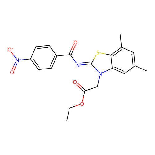 Ethyl 2-[5,7-dimethyl-2-(4-nitrobenzoyl)imino-1,3-benzothiazol-3-yl]acetate structure