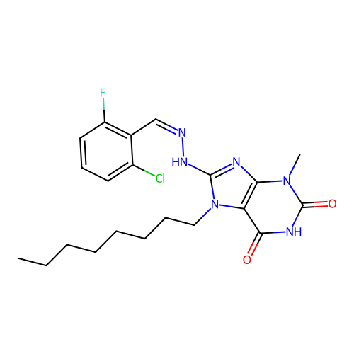 8-[(2Z)-2-[(2-chloro-6-fluorophenyl)methylidene]hydrazinyl]-3-methyl-7-octylpurine-2,6-dione structure