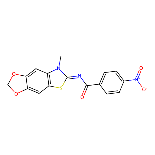 N-(7-methyl-[1,3]dioxolo[4,5-f][1,3]benzothiazol-6-ylidene)-4-nitrobenzamide structure