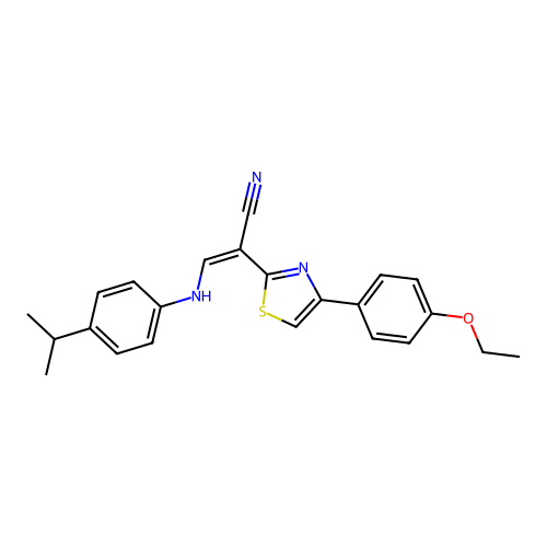 (Z)-2-(4-(4-ethoxyphenyl)thiazol-2-yl)-3-((4-isopropylphenyl)amino)acrylonitrile structure