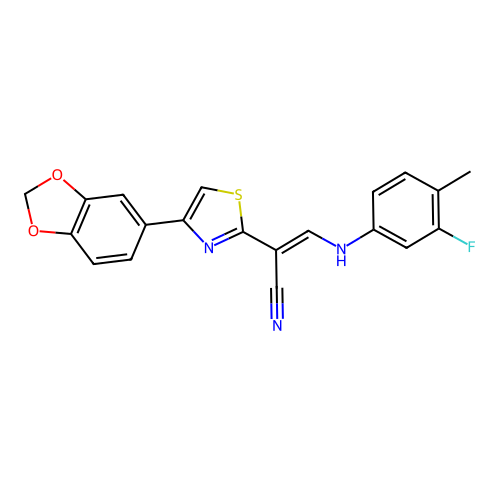(E)-2-(4-(benzo[d][1,3]dioxol-5-yl)thiazol-2-yl)-3-((3-fluoro-4-methylphenyl)amino)acrylonitrile structure