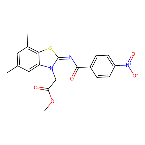 Methyl 2-[5,7-dimethyl-2-(4-nitrobenzoyl)imino-1,3-benzothiazol-3-yl]acetate structure