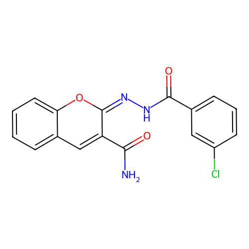 (2E)-2-[(3-chlorobenzoyl)hydrazinylidene]chromene-3-carboxamide structure