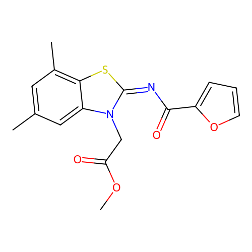 Methyl 2-[2-(furan-2-carbonylimino)-5,7-dimethyl-1,3-benzothiazol-3-yl]acetate structure