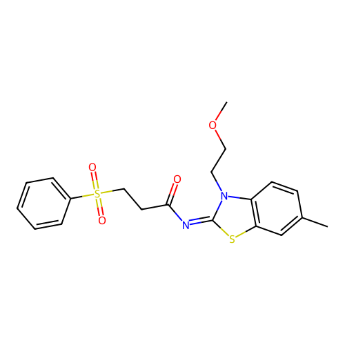 3-(benzenesulfonyl)-N-[(2E)-3-(2-methoxyethyl)-6-methyl-2,3-dihydro-1,3-benzothiazol-2-ylidene]propanamide structure