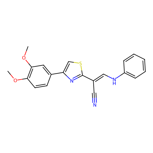 (E)-2-(4-(3,4-dimethoxyphenyl)thiazol-2-yl)-3-(phenylamino)acrylonitrile structure