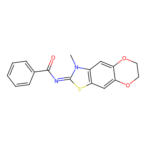 N-(3-methyl-6,7-dihydro-[1,4]dioxino[2,3-f][1,3]benzothiazol-2-ylidene)benzamide structure