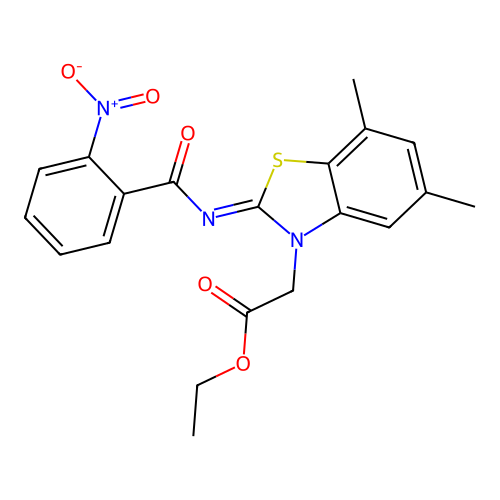 Ethyl 2-[5,7-dimethyl-2-(2-nitrobenzoyl)imino-1,3-benzothiazol-3-yl]acetate structure