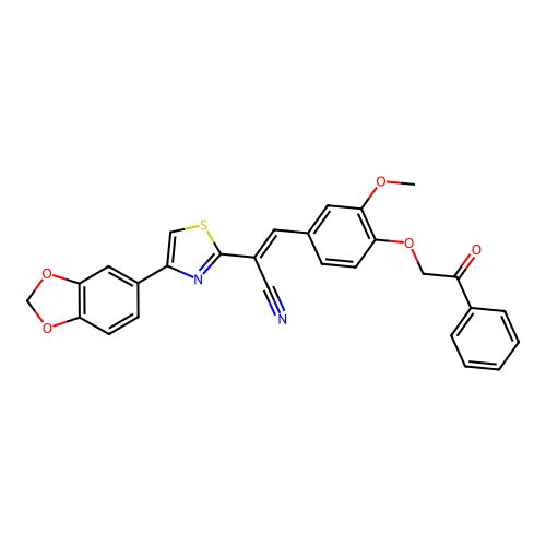 (E)-2-(4-(benzo[d][1,3]dioxol-5-yl)thiazol-2-yl)-3-(3-methoxy-4-(2-oxo-2-phenylethoxy)phenyl)acrylonitrile structure