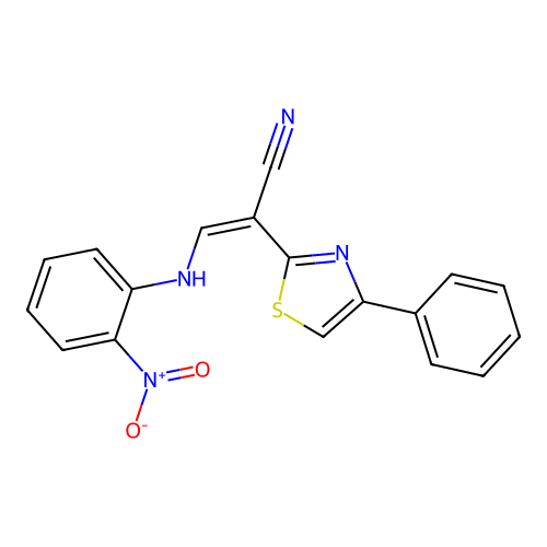 (Z)-3-((2-nitrophenyl)amino)-2-(4-phenylthiazol-2-yl)acrylonitrile structure