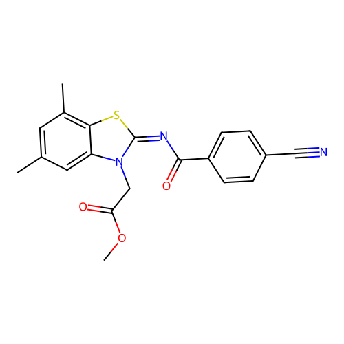 Methyl 2-[2-(4-cyanobenzoyl)imino-5,7-dimethyl-1,3-benzothiazol-3-yl]acetate structure