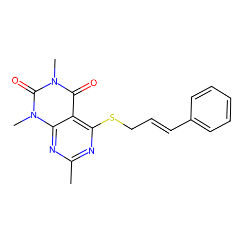 5-(cinnamylthio)-1,3,7-trimethylpyrimido[4,5-d]pyrimidine-2,4(1H,3H)-dione structure