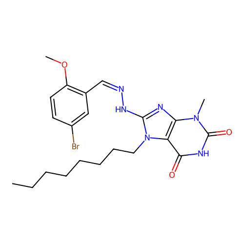 8-[(2Z)-2-[(5-bromo-2-methoxyphenyl)methylidene]hydrazinyl]-3-methyl-7-octylpurine-2,6-dione structure