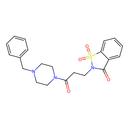 2-[3-(4-benzylpiperazin-1-yl)-3-oxopropyl]-1,2-benzothiazol-3(2H)-one 1,1-dioxide structure