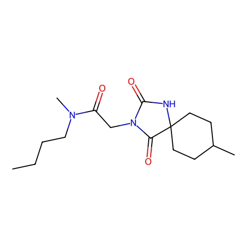 N-butyl-N-methyl-2-(8-methyl-2,4-dioxo-1,3-diazaspiro[4.5]dec-3-yl)acetamide structure