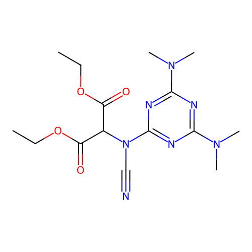 Diethyl {[4,6-bis(dimethylamino)-1,3,5-triazin-2-yl](cyano)amino}propanedioate structure