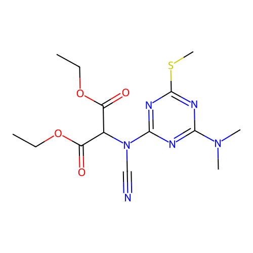 diethyl 2-[cyano-[4-(dimethylamino)-6-methylsulfanyl-1,3,5-triazin-2-yl]amino]propanedioate structure