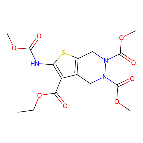 3-ethyl 5,6-dimethyl 2-((methoxycarbonyl)amino)thieno[2,3-d]pyridazine-3,5,6(4H,7H)-tricarboxylate structure