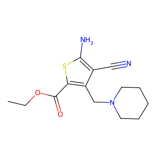 Ethyl 5-amino-4-cyano-3-(1-piperidinylmethyl)-2-thiophenecarboxylate structure