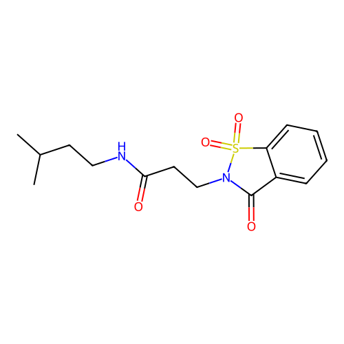 3-(1,1-dioxido-3-oxo-1,2-benzothiazol-2(3H)-yl)-N-(3-methylbutyl)propanamide structure