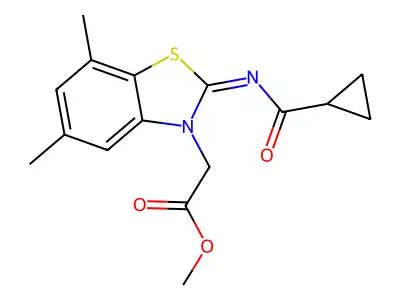 methyl 2-[2-(cyclopropanecarbonylimino)-5,7-dimethyl-1,3-benzothiazol-3-yl]acetate structure