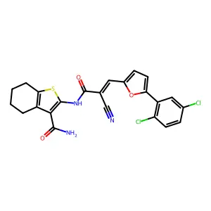 (Z)-2-(2-cyano-3-(5-(2,5-dichlorophenyl)furan-2-yl)acrylamido)-4,5,6,7-tetrahydrobenzo[b]thiophene-3-carboxamide structure
