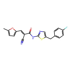 (Z)-2-cyano-N-(5-(4-fluorobenzyl)thiazol-2-yl)-3-(5-methylfuran-2-yl)acrylamide structure