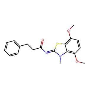 N-(4,7-dimethoxy-3-methyl-1,3-benzothiazol-2-ylidene)-3-phenylpropanamide structure