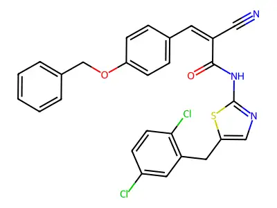 (Z)-2-Cyano-N-[5-[(2,5-dichlorophenyl)methyl]-1,3-thiazol-2-yl]-3-(4-phenylmethoxyphenyl)prop-2-enamide structure