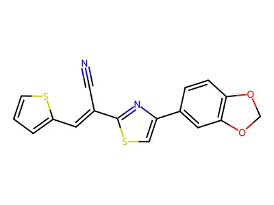 (E)-2-(4-(benzo[d][1,3]dioxol-5-yl)thiazol-2-yl)-3-(thiophen-2-yl)acrylonitrile structure