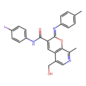 (2Z)-5-(hydroxymethyl)-N-(4-iodophenyl)-8-methyl-2-[(4-methylphenyl)imino]-2H-pyrano[2,3-c]pyridine-3-carboxamide structure