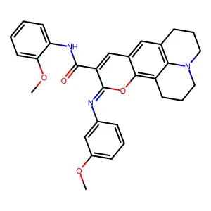 (11Z)-N-(2-methoxyphenyl)-11-[(3-methoxyphenyl)imino]-2,3,6,7-tetrahydro-1H,5H,11H-pyrano[2,3-f]pyrido[3,2,1-ij]quinoline-10-carboxamide structure