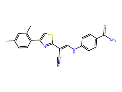 (E)-4-((2-cyano-2-(4-(2,4-dimethylphenyl)thiazol-2-yl)vinyl)amino)benzamide structure