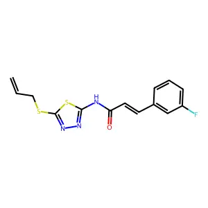(E)-3-(3-fluorophenyl)-N-(5-prop-2-enylsulfanyl-1,3,4-thiadiazol-2-yl)prop-2-enamide structure