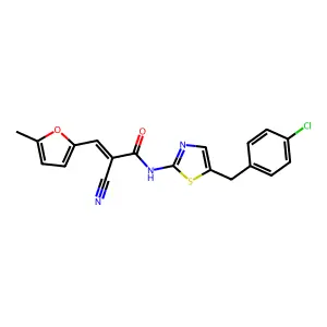 (Z)-N-(5-(4-chlorobenzyl)thiazol-2-yl)-2-cyano-3-(5-methylfuran-2-yl)acrylamide structure