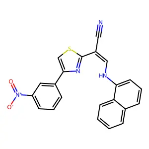 (Z)-3-(naphthalen-1-ylamino)-2-(4-(3-nitrophenyl)thiazol-2-yl)acrylonitrile structure