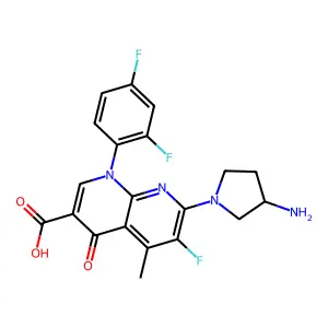 7-[(3S)-3-aminopyrrolidin-1-yl]-1-(2,4-difluorophenyl)-6-fluoro-5-methyl-4-oxo-1,8-naphthyridine-3-carboxylic acid structure