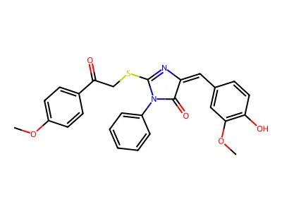 (E)-4-(4-hydroxy-3-methoxybenzylidene)-2-((2-(4-methoxyphenyl)-2-oxoethyl)thio)-1-phenyl-1H-imidazol-5(4H)-one structure