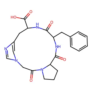 Cyclic(3-1)-1-(carboxymethyl)prolyl-phenylalanyl-histidinamide structure