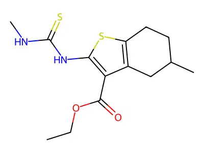 Benzo(b)thiophene-3-carboxylic acid, 4,5,6,7-tetrahydro-5-methyl-2-(((methylamino)thioxomethyl)amino)-, ethyl ester structure