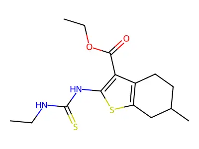Benzo(b)thiophene-3-carboxylic acid, 4,5,6,7-tetrahydro-2-(((ethylamino)thioxomethyl)amino)-6-methyl-, ethyl ester structure
