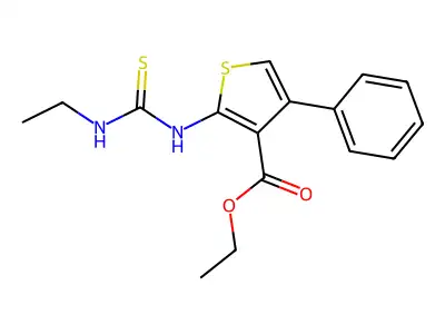 Thiophene-3-carboxylic acid, 2-(((ethylamino)thioxomethyl)amino)-4-phenyl-, ethyl ester structure
