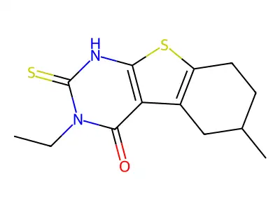 3-Ethyl-6-methyl-2,3,5,6,7,8-hexahydro-2-thioxo-(1)benzothieno(2,3-d)pyrimidin-4(1H)-one structure