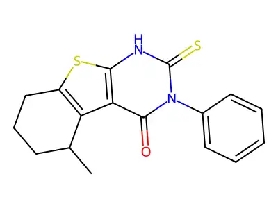 5-methyl-3-phenyl-2-sulfanyl-5,6,7,8-tetrahydro[1]benzothieno[2,3-d]pyrimidin-4(3H)-one structure