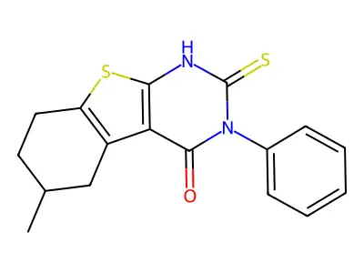 6-methyl-3-phenyl-2-sulfanyl-5,6,7,8-tetrahydro[1]benzothieno[2,3-d]pyrimidin-4(3H)-one structure